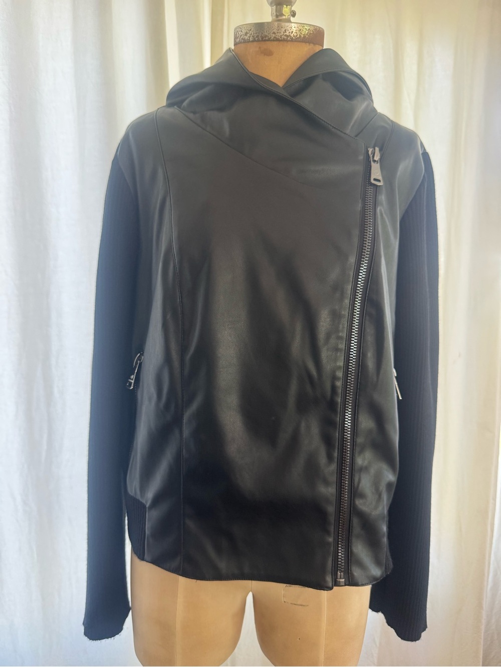 Bernardo Black Faux Leather Knit Sleeve Hooded Moto Jacket Size M